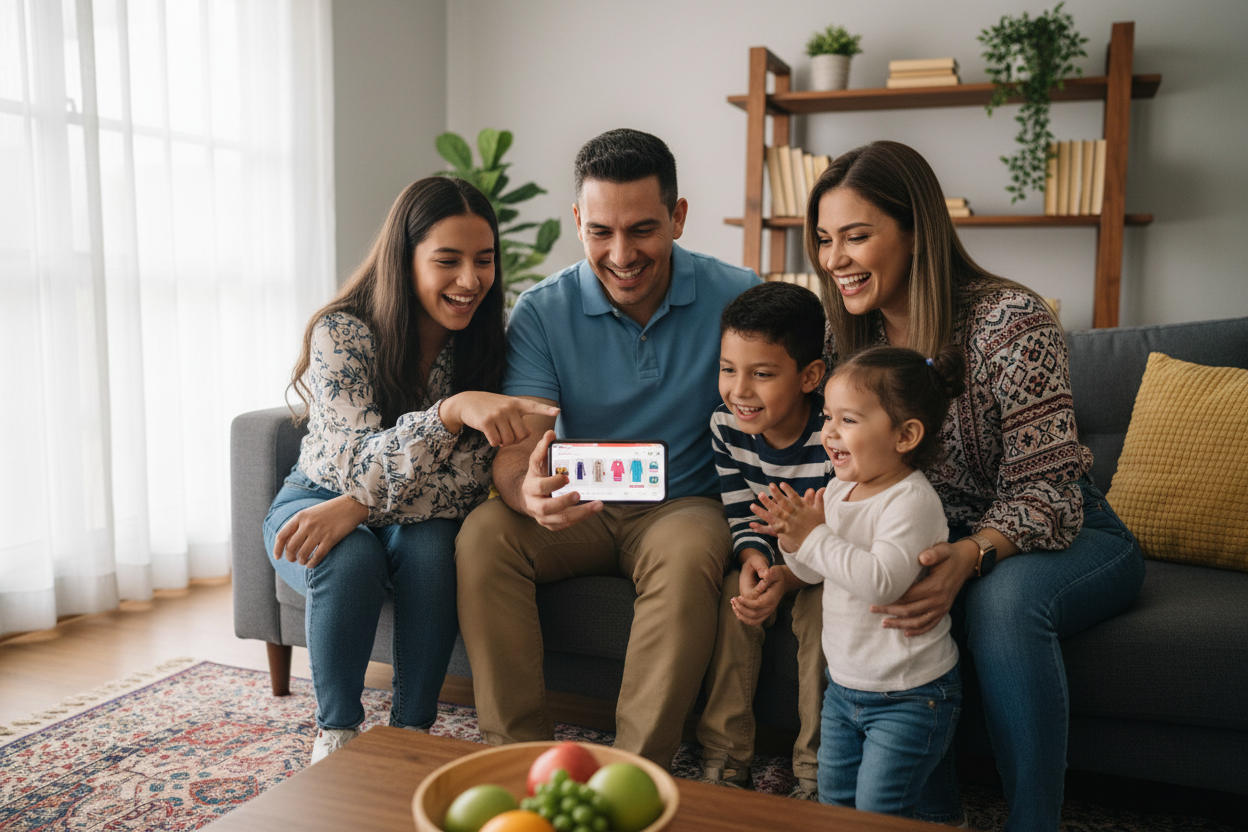 Familia colombiana comprando desde un celular